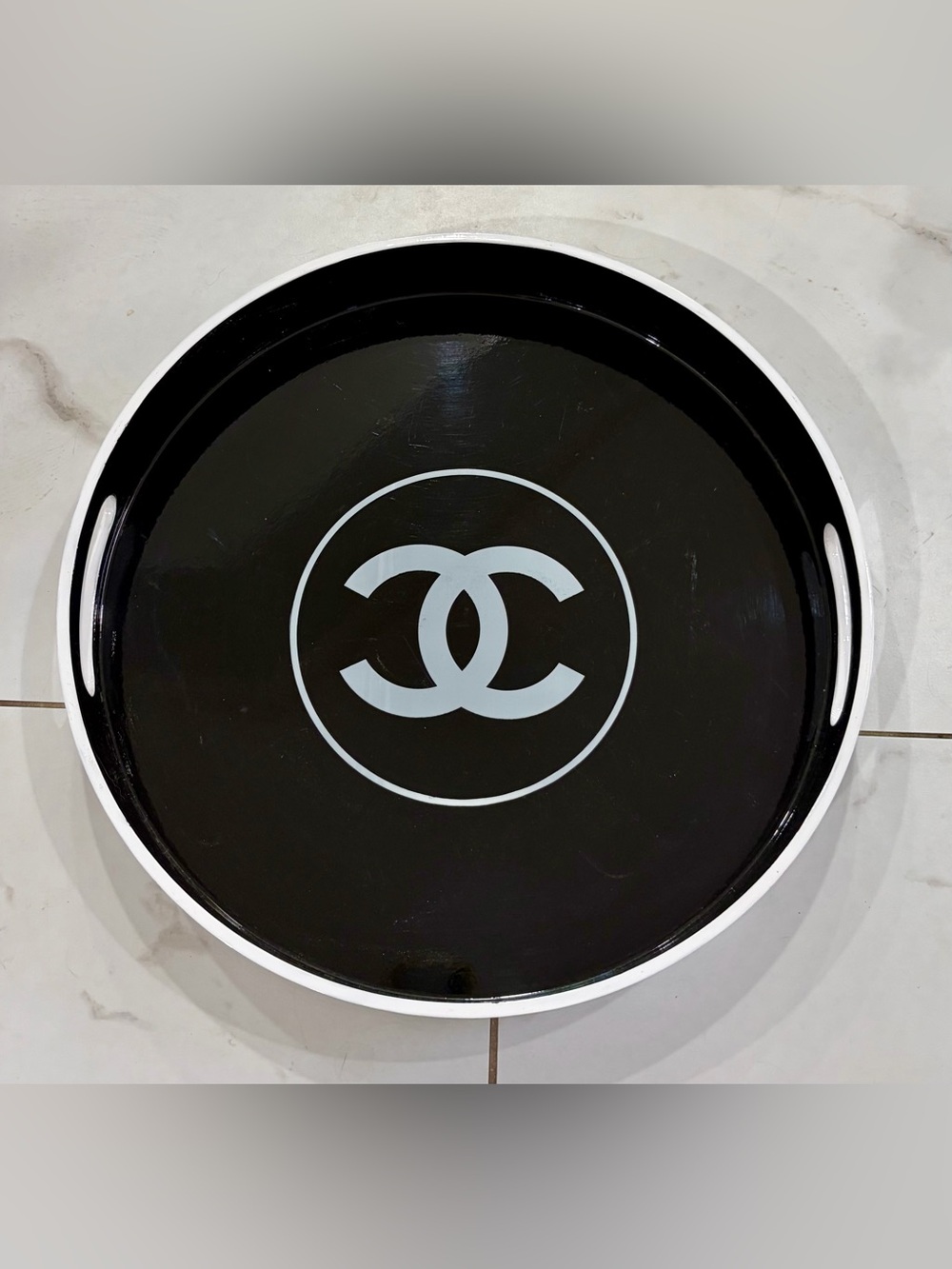 Chanel-Inspired Black and White Decorative Round Tray